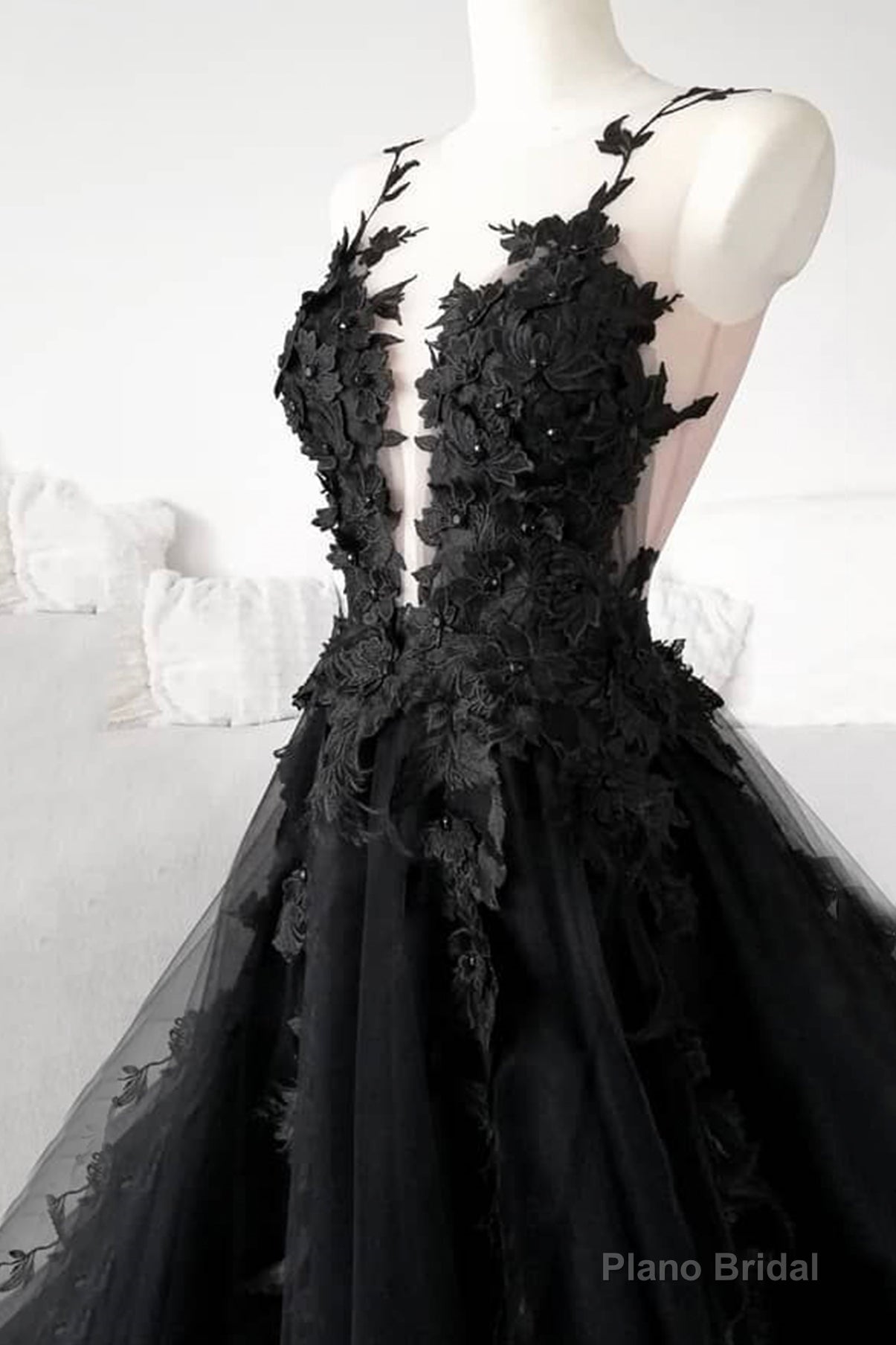 Black Tulle Lace Long Prom Dress, Black Formal Graduation Dress
