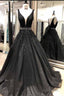 2025 Cheap Black V-neck Beaded Tulle Prom Dresses