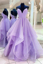 Purple V Neck Sleeveless A Line Tulle Sequin Formal Prom Dresses
