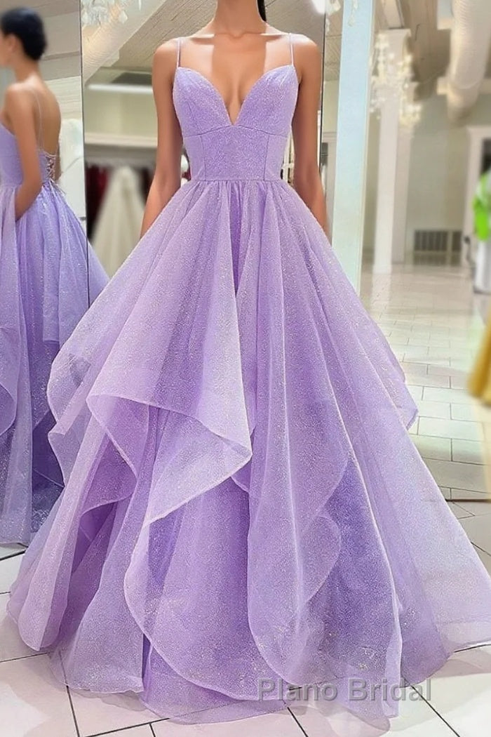 Purple V Neck Sleeveless A Line Tulle Sequin Formal Prom Dresses Main image