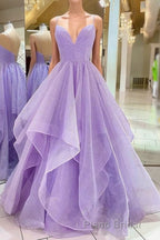 Purple V Neck Sleeveless A Line Tulle Sequin Formal Prom Dresses