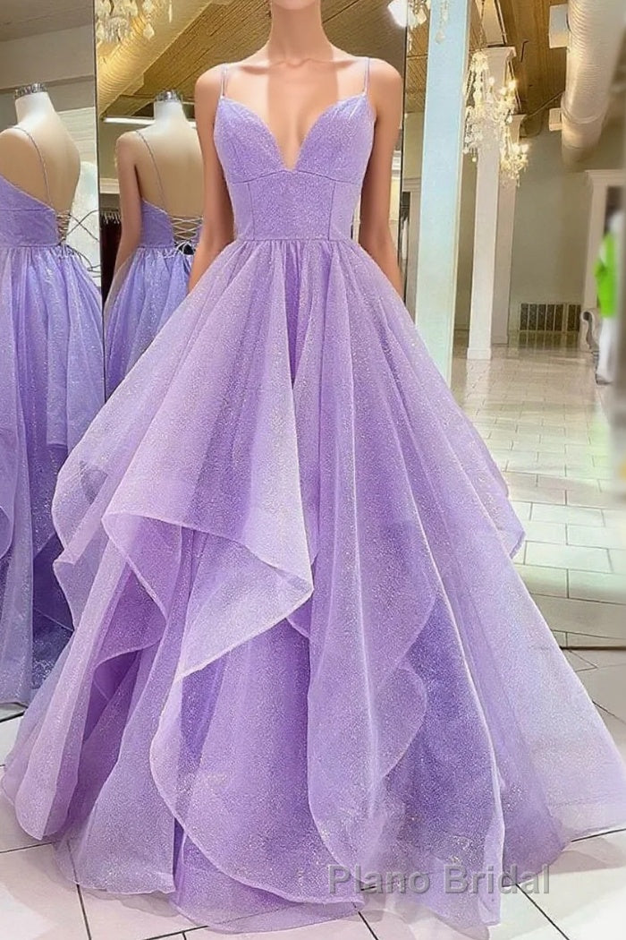 Purple V Neck Sleeveless A Line Tulle Sequin Formal Prom Dresses