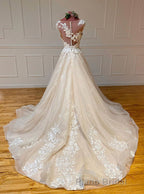 Champagne Sleeveless Round Neck Tulle Lace Long Formal Prom Dresses