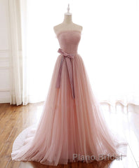 Simple Pink Tulle Long Formal Prom Dresses, Pink Tulle Prom Dresses, 1
