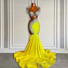 Yellow Scoop Formal Prom Dress with Beadings and Tassels - Mermaid Long