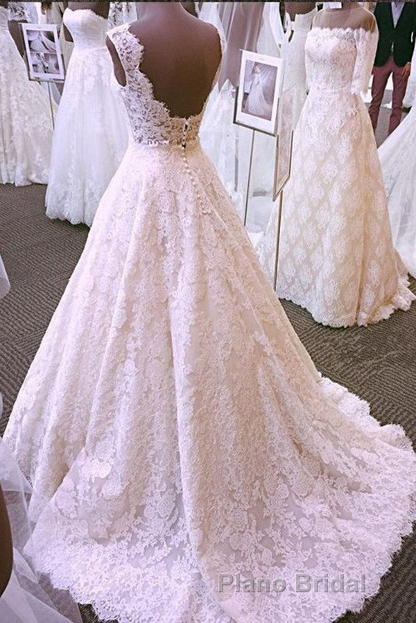 Chic Round Neck Open Back A Line Sleeveless Lace Appliques Wedding Dresses Secondary image