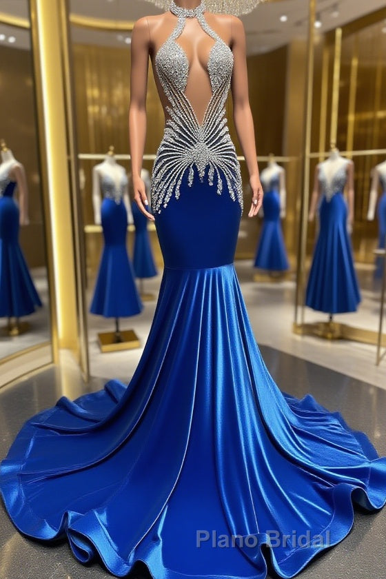 Royal Blue Halter Sleeveless Mermaid Formal Prom Dresses With Beadings Velvet Main image