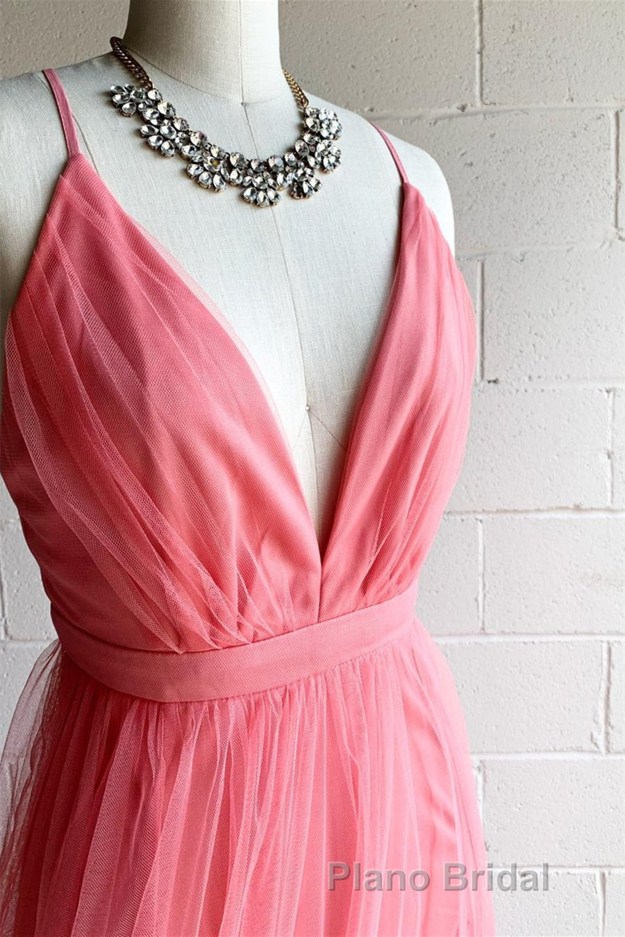 A-line V-Neck Pleated Tulle Long Bridesmaid Dresses with Slit