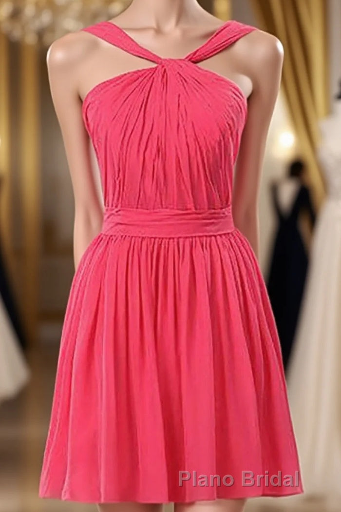 Neon Pink Halter Knee Length Bridesmaid Dresses Main image