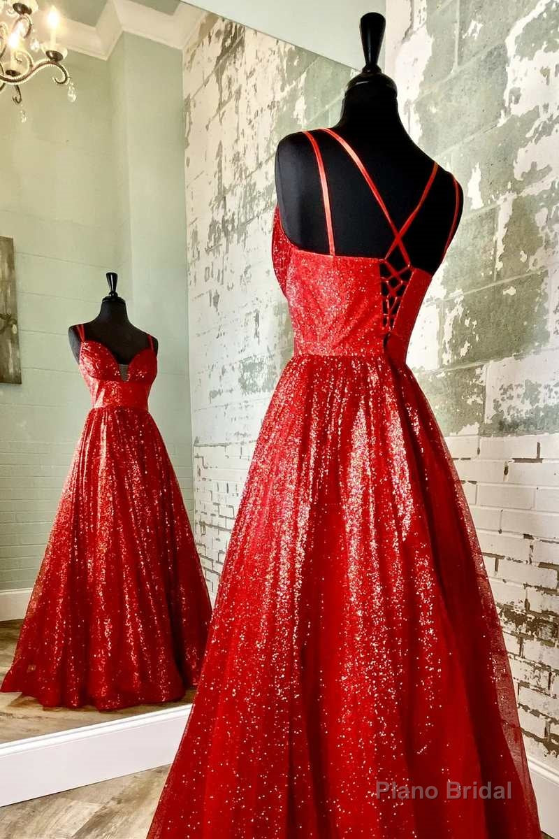 A-Line Red Sequin Lace-Up Long Prom Dress Secondary image