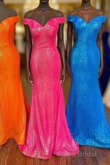 Off the Shoulder Orange Mermaid Long Formal Prom Dresses