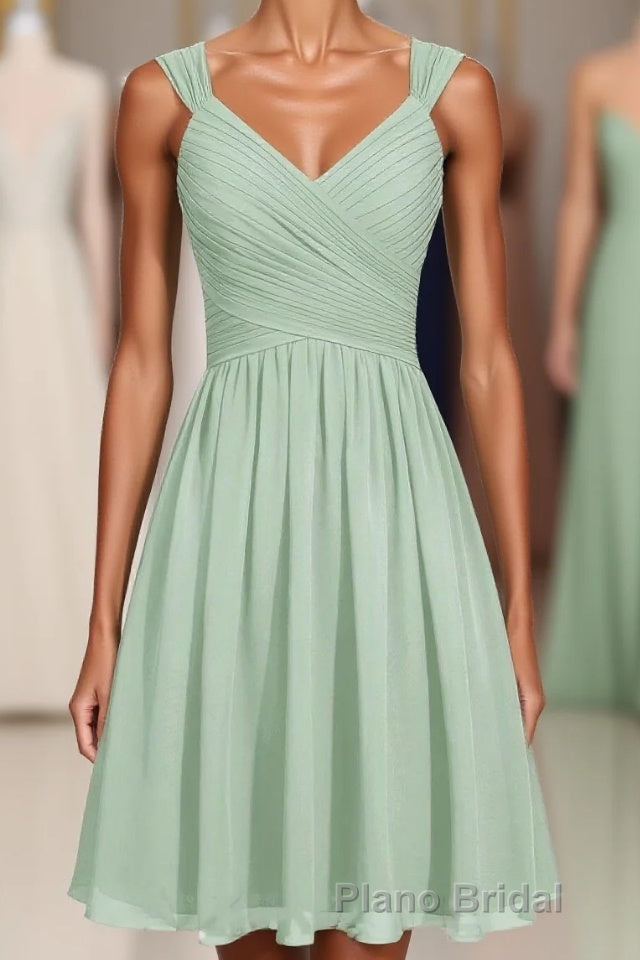 Sage Green Chiffon Lace-Up Short Bridesmaid Dresses Main image