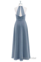 Dusty Blue Chiffon Halter Backless Ruffled Long Bridesmaid Dresses