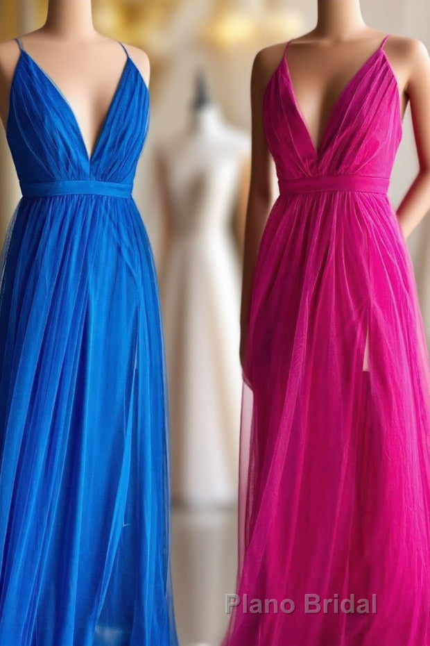 A-line V-Neck Pleated Tulle Long Bridesmaid Dresses with Slit Main image