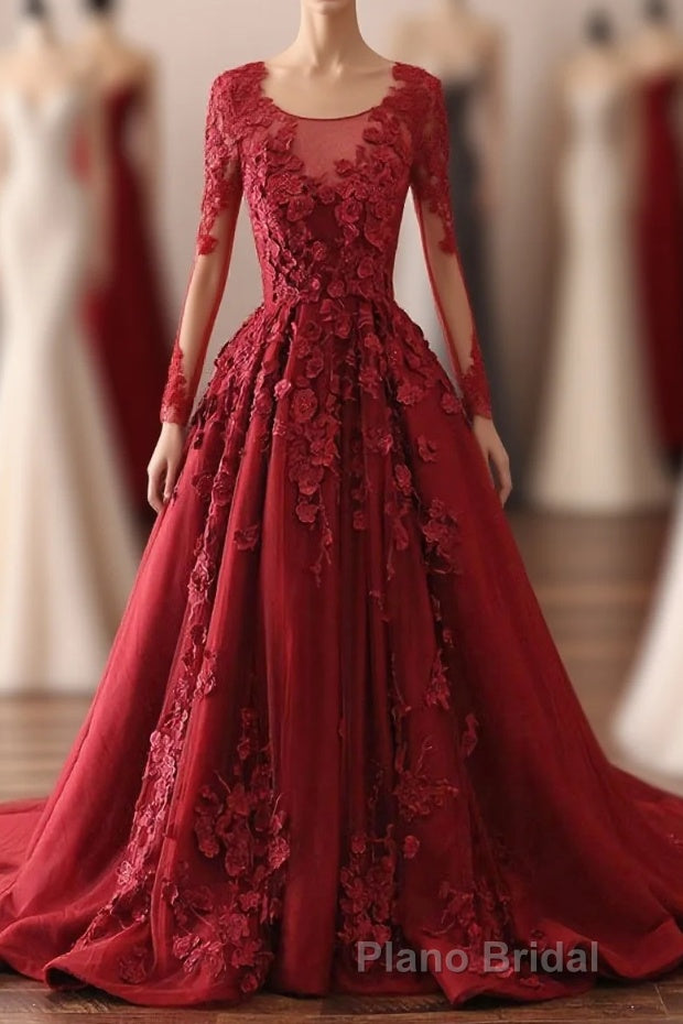 Burgundy Lace Satin Long Formal Prom Dresses, Burgundy Lace Evening Dresses Main image