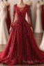Burgundy Lace Satin Long Formal Prom Dresses, Burgundy Lace Evening Dresses