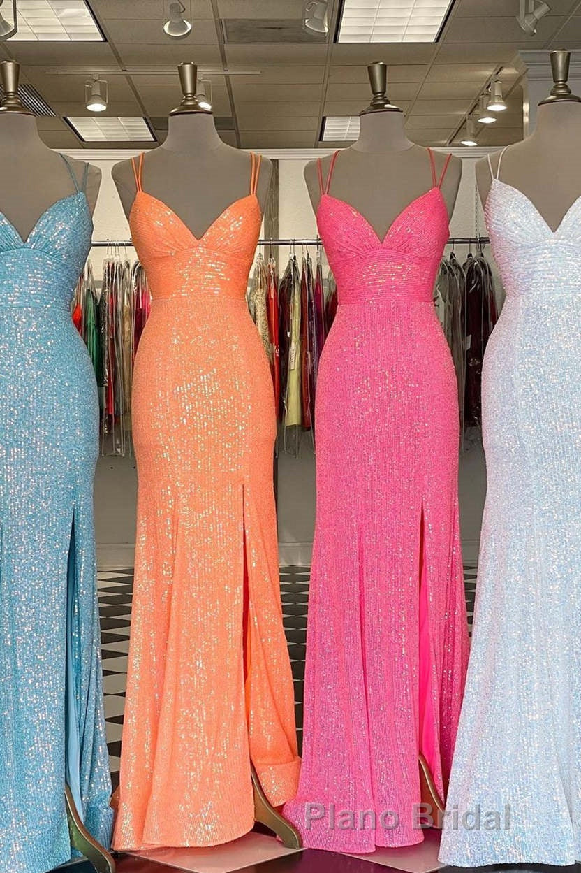 Stunning Straps Sequined Mermaid Long Formal Prom Dresses