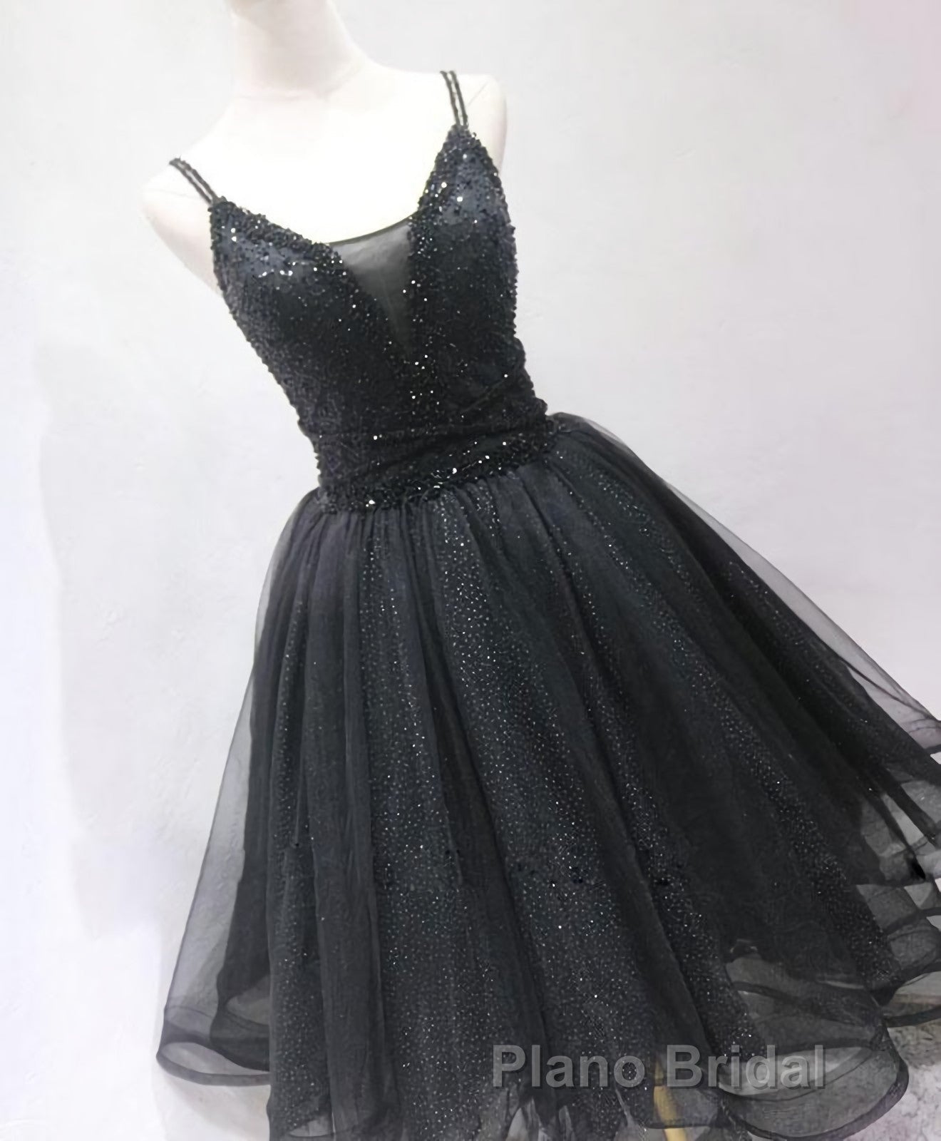 Black Tulle Beads Short Formal Prom Dresses, Black Homecoming Dresses