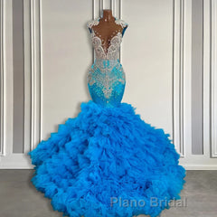 Ocean Blue Mermaid Tulle Ruffle Formal Prom Dress Long With Beadings