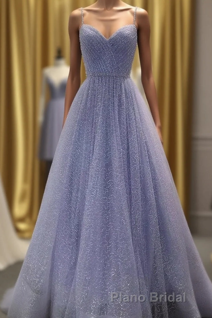 A Line Long Sparkly Spaghetti Straps Formal Prom Dresses Evening Prom Dresses Fashion School Dance Dresses Main image