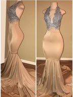 Luxurious Halter Sleeveless Lace Applique Mermaid Prom Dresses