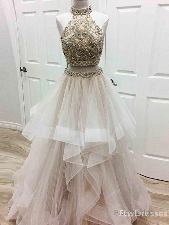 a line prom dress high neck tulle long prom dresses evening dress Main image