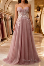 A-Line Sweetheart Neckline Long Formal Prom Dresses With Appliques