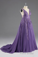 A-line V-Neck Lace Appliques Long Formal Prom Dresses