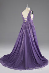 A-line V-Neck Lace Appliques Long Formal Prom Dresses