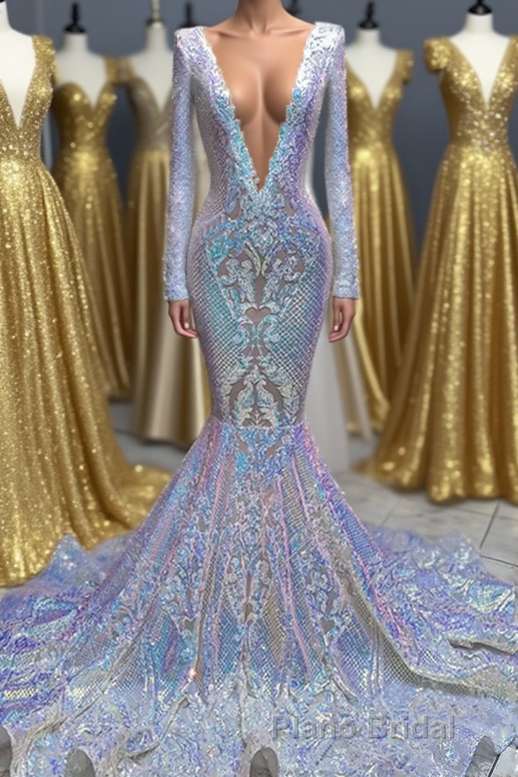 Hot Sparkle Sequin V neck Long sleeves Mermaid Formal Prom Dresses Main image