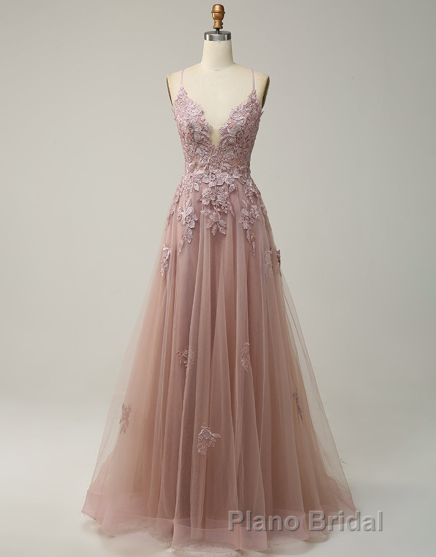 A-Line Tulle Spaghetti Straps Appliques Long Formal Prom Dresses with Alit