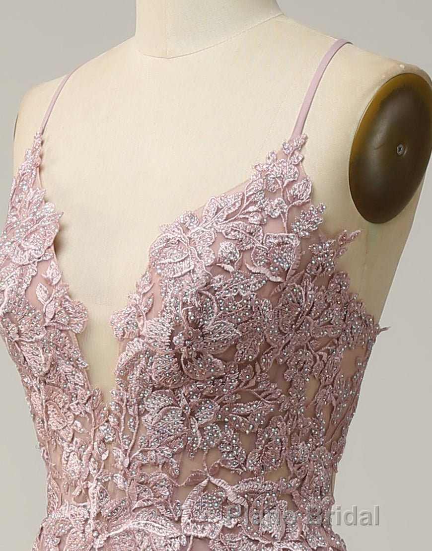 A-Line Tulle Spaghetti Straps Appliques Long Formal Prom Dresses with Alit