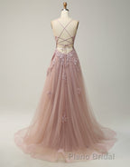 A-Line Tulle Spaghetti Straps Appliques Long Formal Prom Dresses with Alit