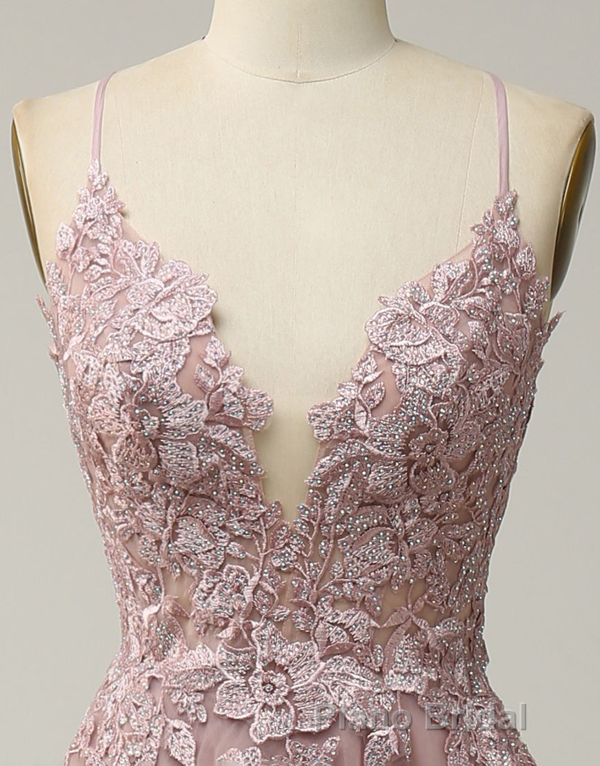 A-Line Tulle Spaghetti Straps Appliques Long Formal Prom Dresses with Alit