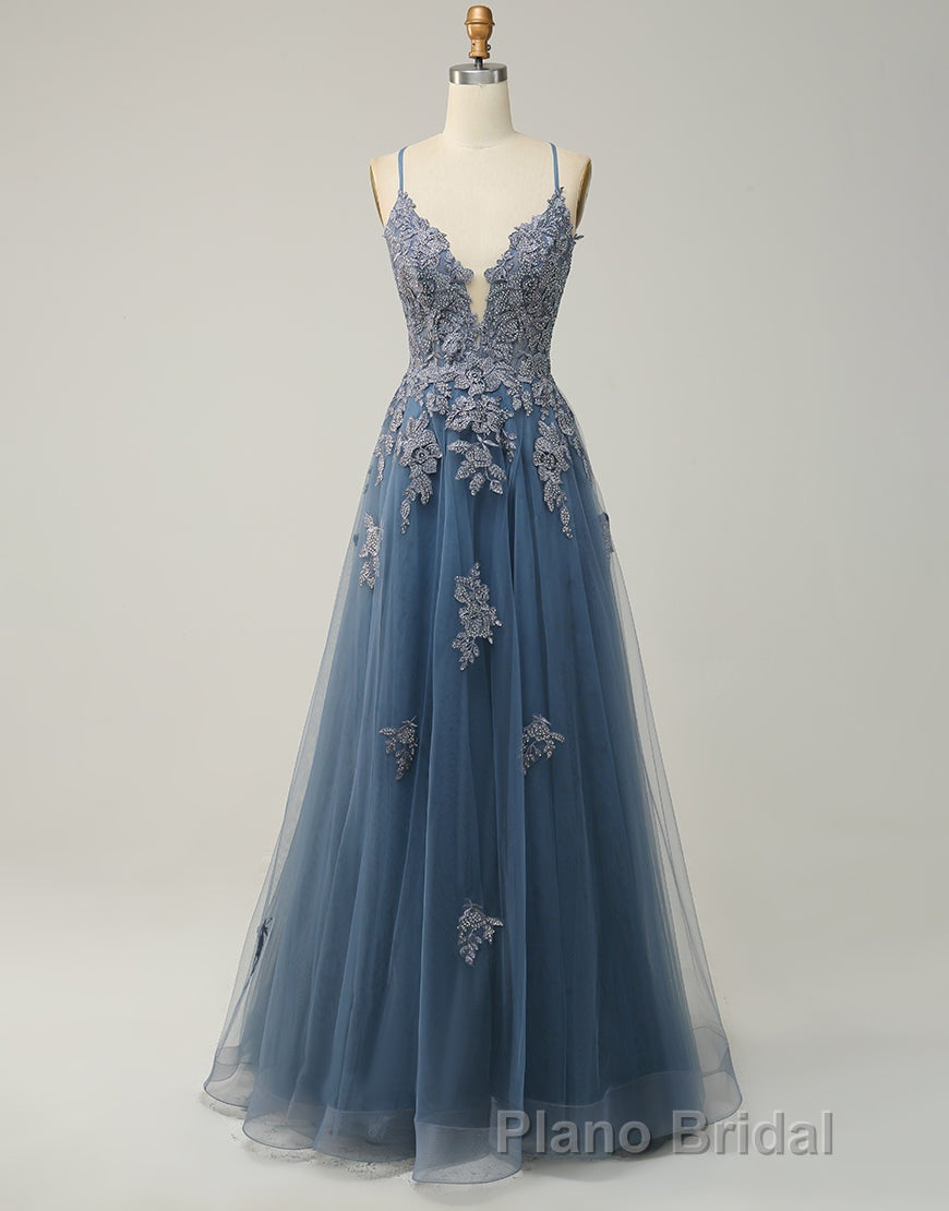 A-Line Tulle Spaghetti Straps Appliques Long Formal Prom Dresses with Alit