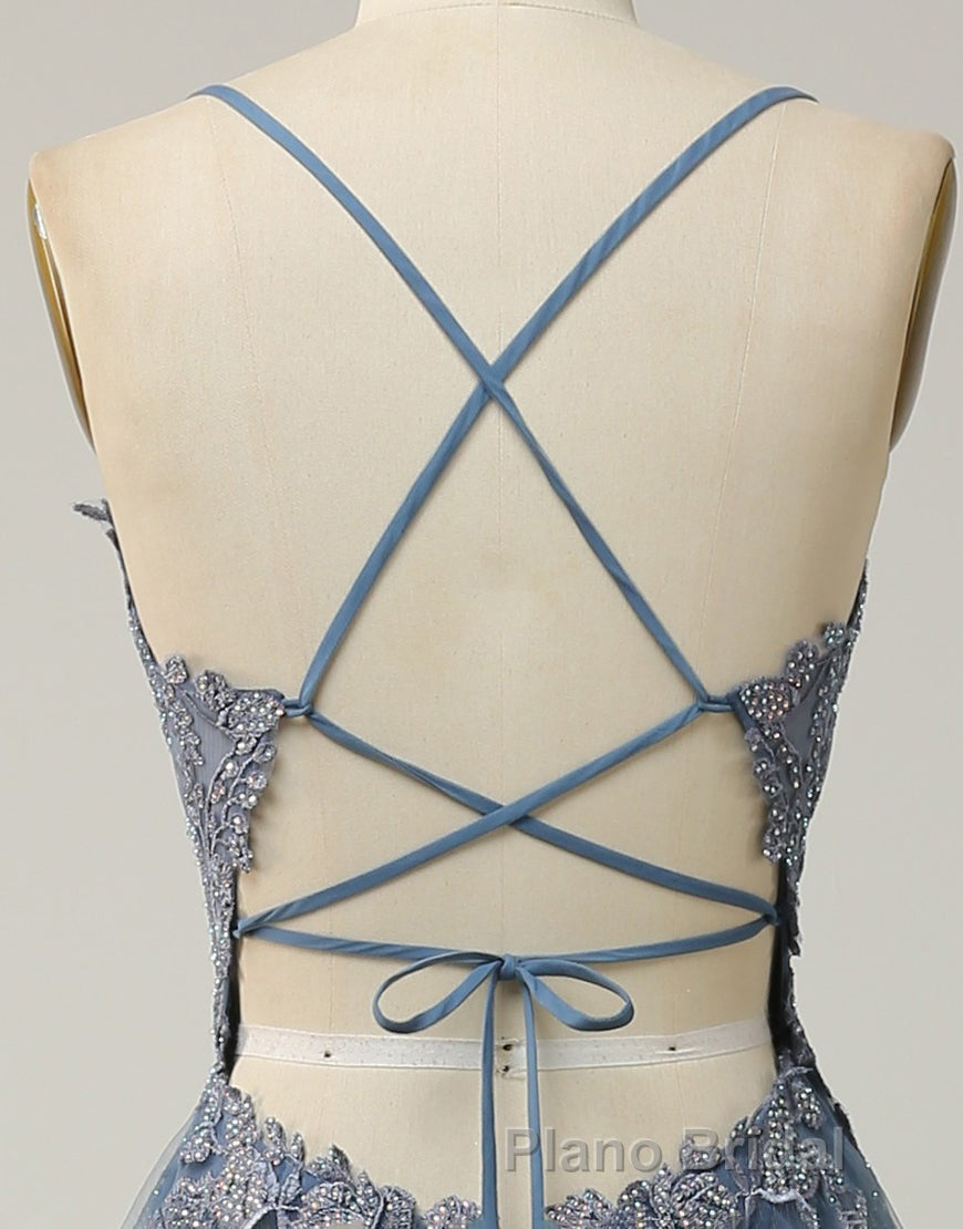 A-Line Tulle Spaghetti Straps Appliques Long Formal Prom Dresses with Alit