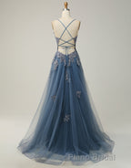 A-Line Tulle Spaghetti Straps Appliques Long Formal Prom Dresses with Alit