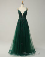 A-Line Tulle Spaghetti Straps Appliques Long Formal Prom Dresses with Alit