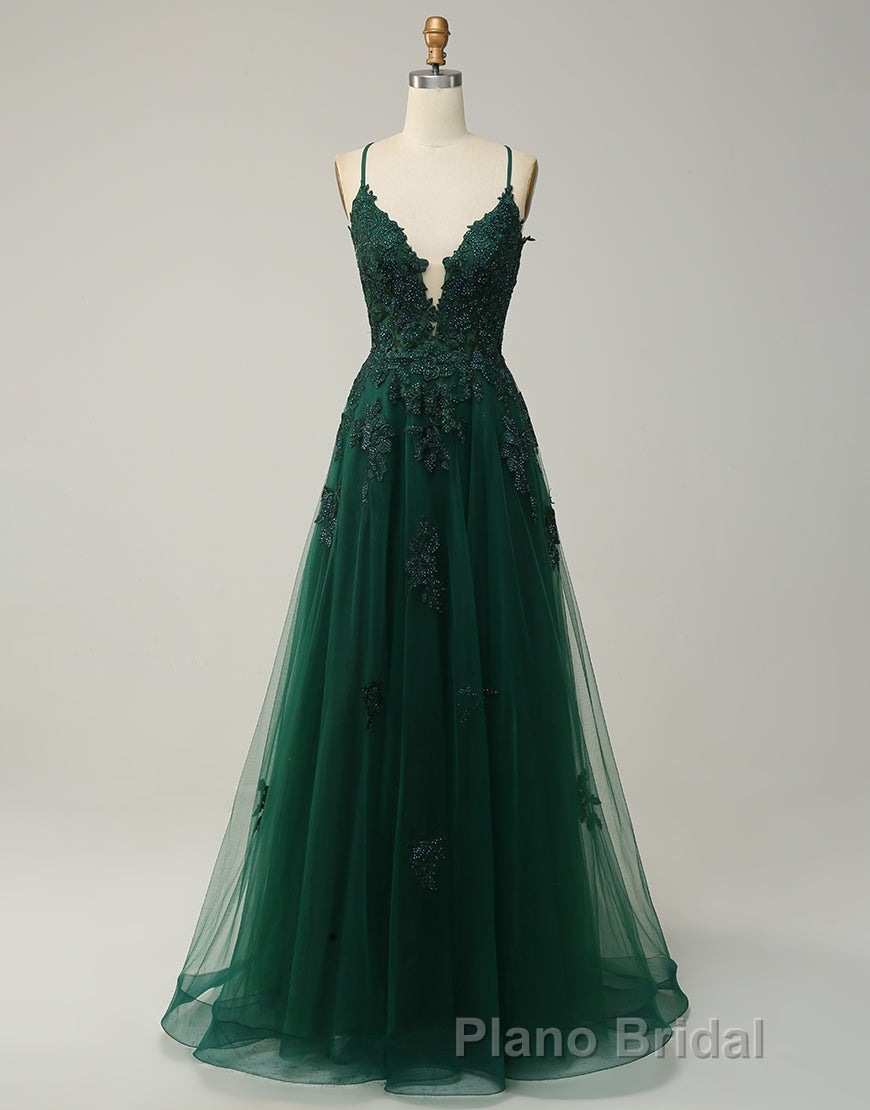 A-Line Tulle Spaghetti Straps Appliques Long Formal Prom Dresses with Alit