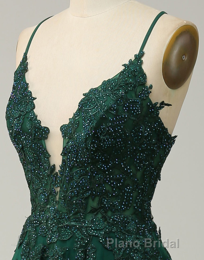 A-Line Tulle Spaghetti Straps Appliques Long Formal Prom Dresses with Alit