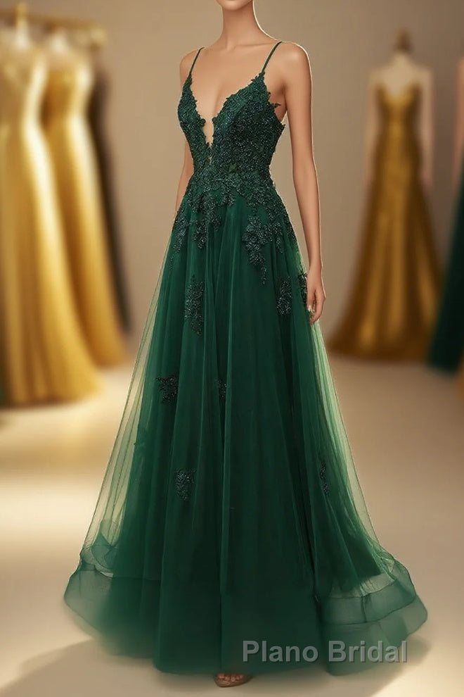 A-Line Tulle Spaghetti Straps Appliques Long Formal Prom Dresses with Alit