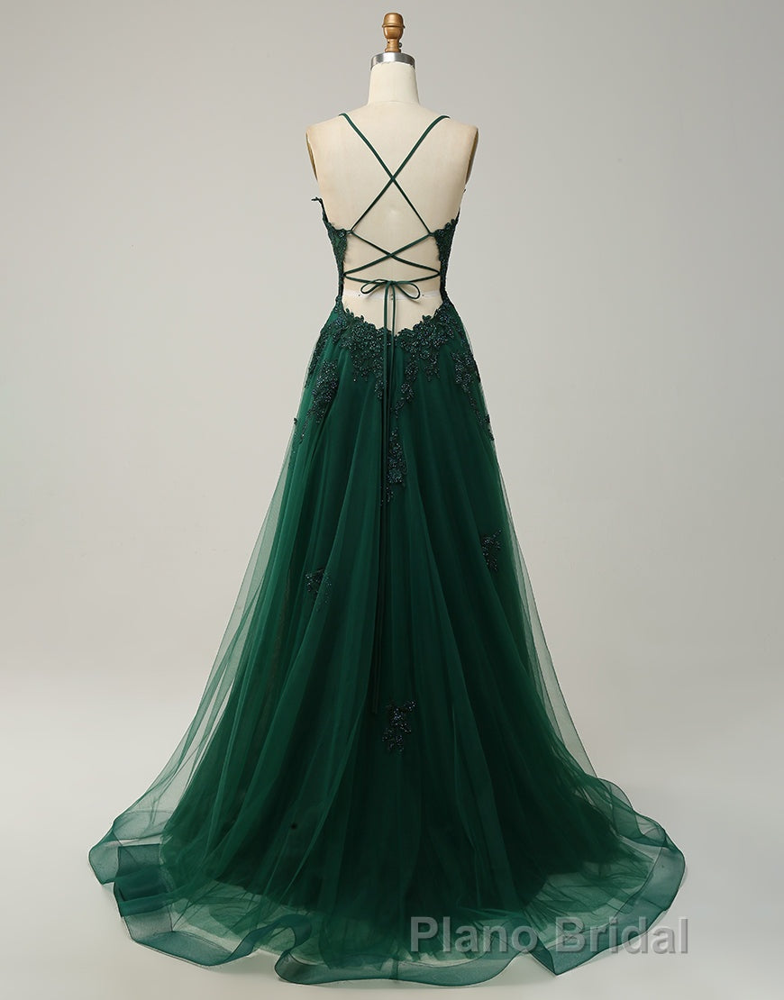 A-Line Tulle Spaghetti Straps Appliques Long Formal Prom Dresses with Alit Secondary image