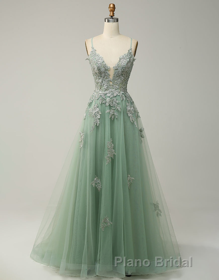 A-Line Tulle Spaghetti Straps Appliques Long Formal Prom Dresses with Alit