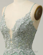 A-Line Tulle Spaghetti Straps Appliques Long Formal Prom Dresses with Alit