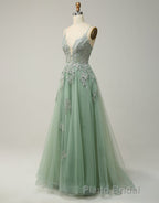 A-Line Tulle Spaghetti Straps Appliques Long Formal Prom Dresses with Alit