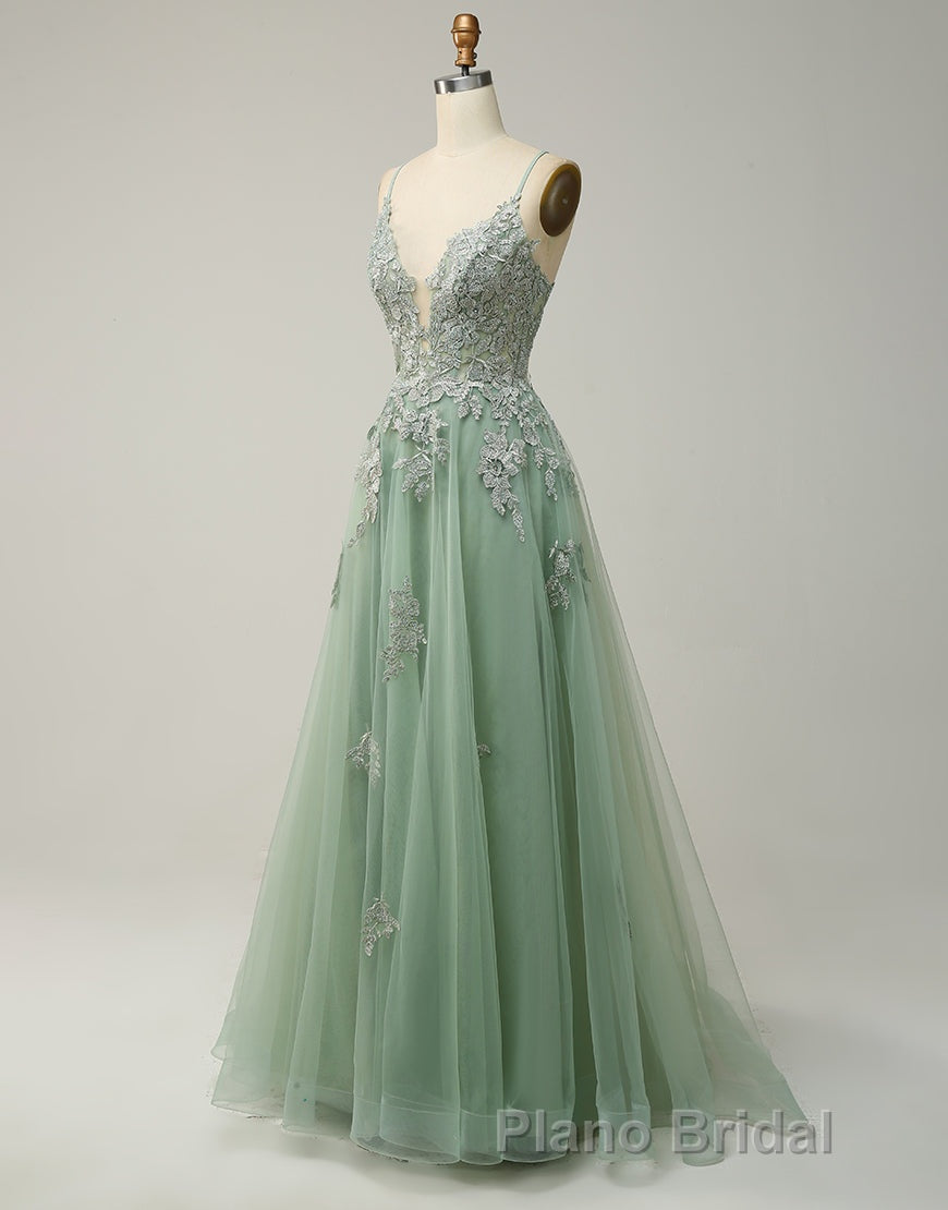 A-Line Tulle Spaghetti Straps Appliques Long Formal Prom Dresses with Alit