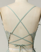 A-Line Tulle Spaghetti Straps Appliques Long Formal Prom Dresses with Alit