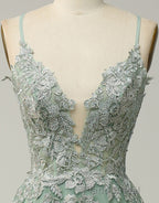 A-Line Tulle Spaghetti Straps Appliques Long Formal Prom Dresses with Alit