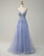 A-Line Tulle Spaghetti Straps Appliques Long Formal Prom Dresses with Alit