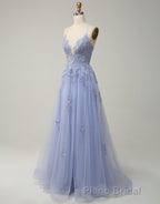 A-Line Tulle Spaghetti Straps Appliques Long Formal Prom Dresses with Alit